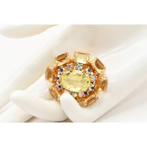 Vintage 1960s Yellow Rhinestone Brooch AB Halo Gold Tone Floral Pin